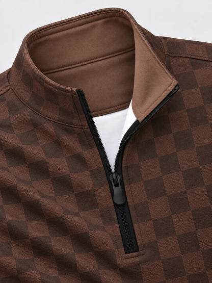 Vintage-Golfpullover in Schokoladenbraun mit Karomuster und Viertelreißverschluss