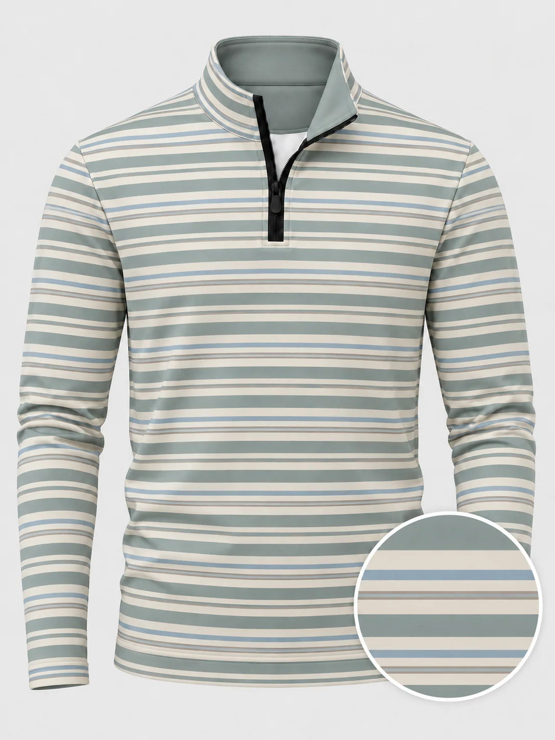 Golfpullover in Salbeigrün mit mehrfarbigem Streifenmuster und Viertelreißverschluss