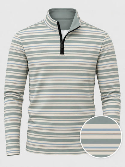 Golfpullover in Salbeigrün mit mehrfarbigem Streifenmuster und Viertelreißverschluss