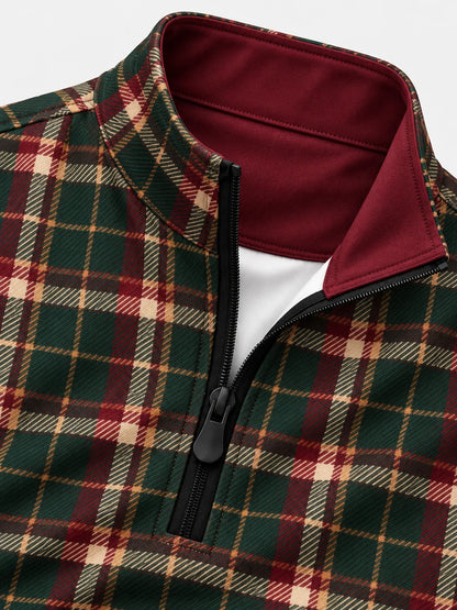 Golfpullover in Tannengrün mit weihnachtlichem Tartanmuster und Viertelreißverschluss