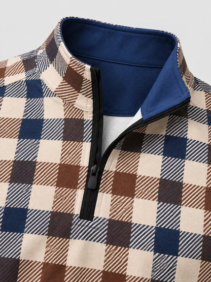 Navyblauer Performance-Quarter-Zip-Pullover mit klassischem Heritage-Karomuster