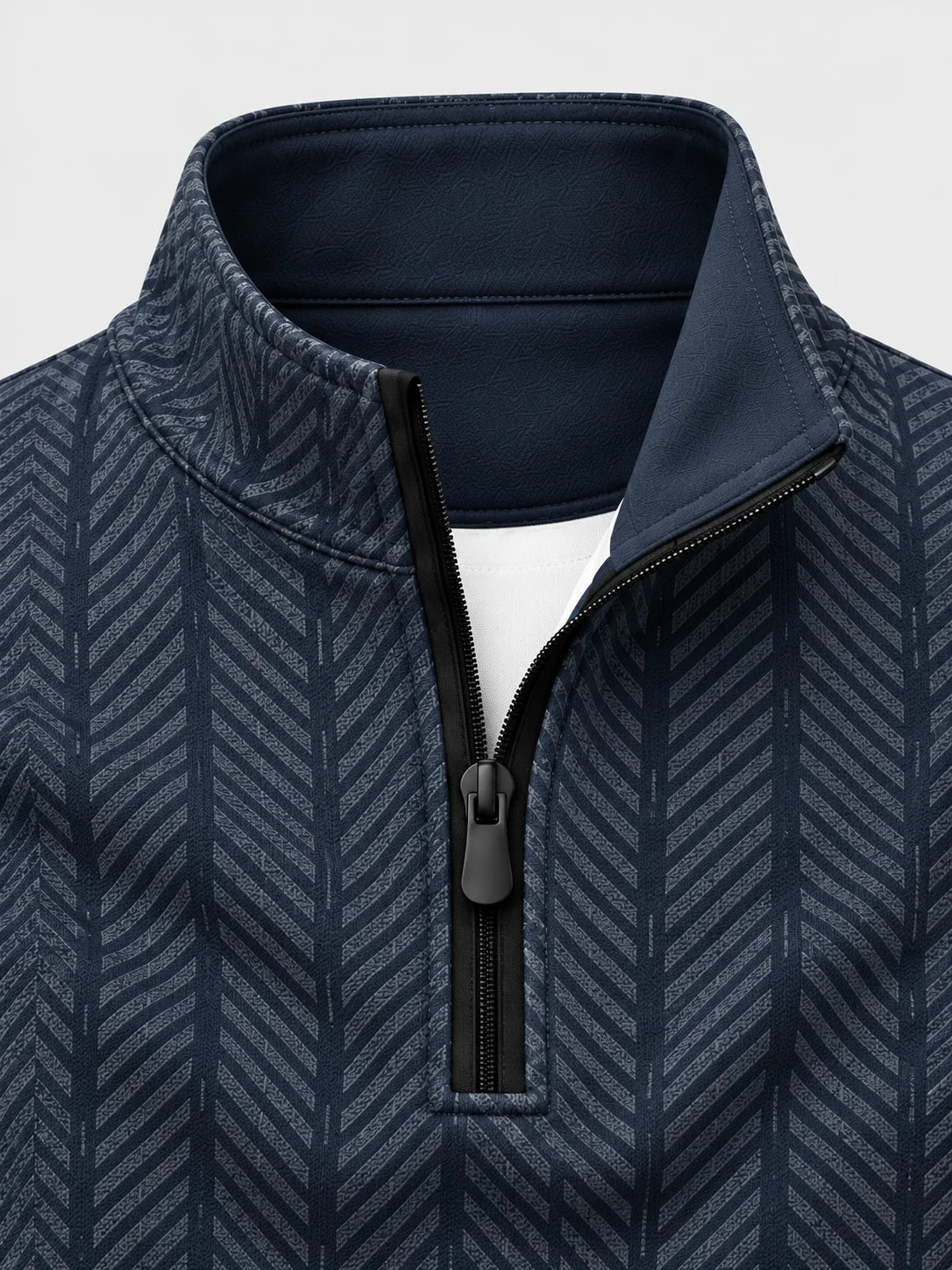 Golfpullover mit Fischgrätmuster in Marineblau, Funktionsmaterial und Viertelreißverschluss