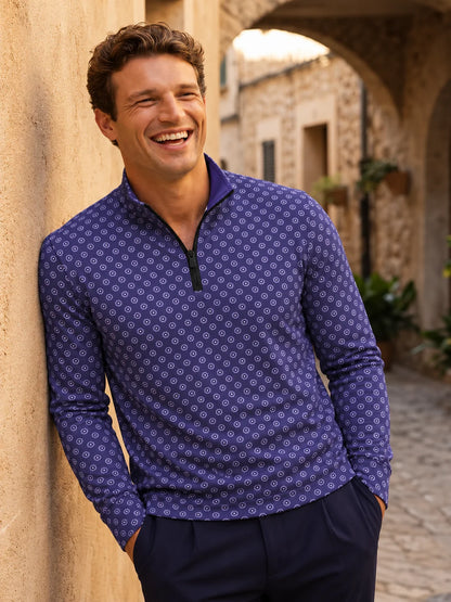Performance-Pullover in Violett mit Achteckmuster und kurzem Reißverschluss