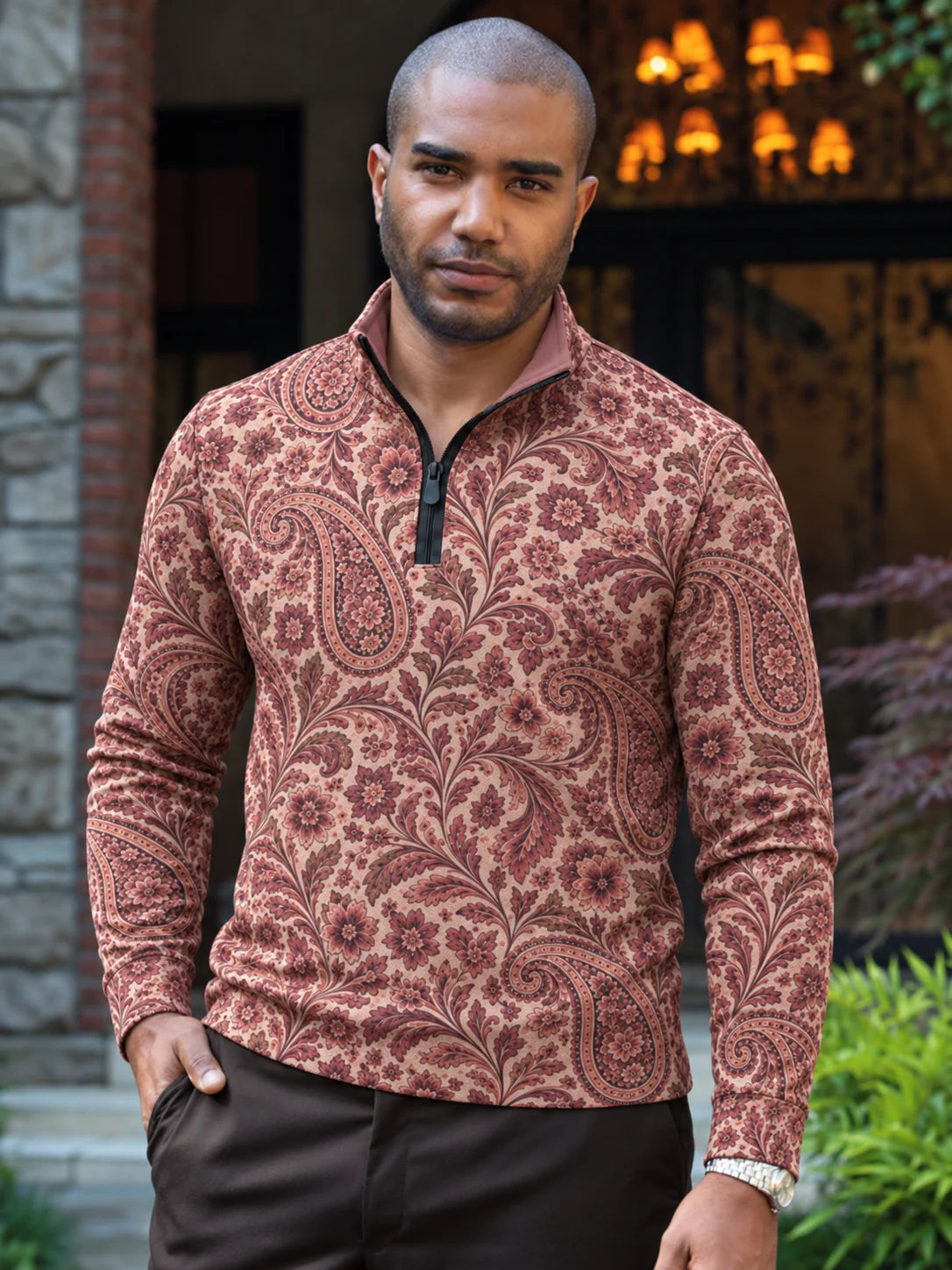 Golfpullover in Altrosa mit floralem Paisley-Muster, Funktionsmaterial und Viertelreißverschluss