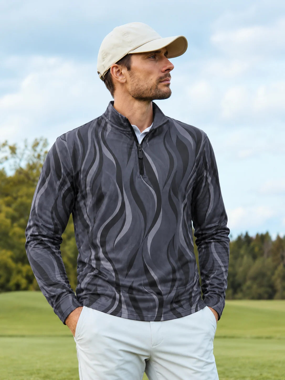 Anthrazitgrauer Golf-Pullover mit Wellenmuster und Viertelreißverschluss