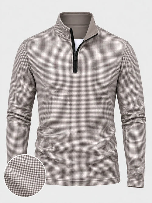 Golf-Pullover in Taupe mit Vichy-K Karomuster und kurzem Reißverschluss