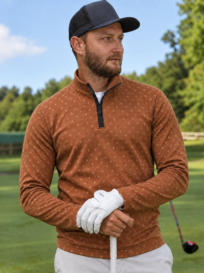 Golfpullover mit Mikro-Kreuzmuster in Terrakotta, Funktionsmaterial und Viertelreißverschluss