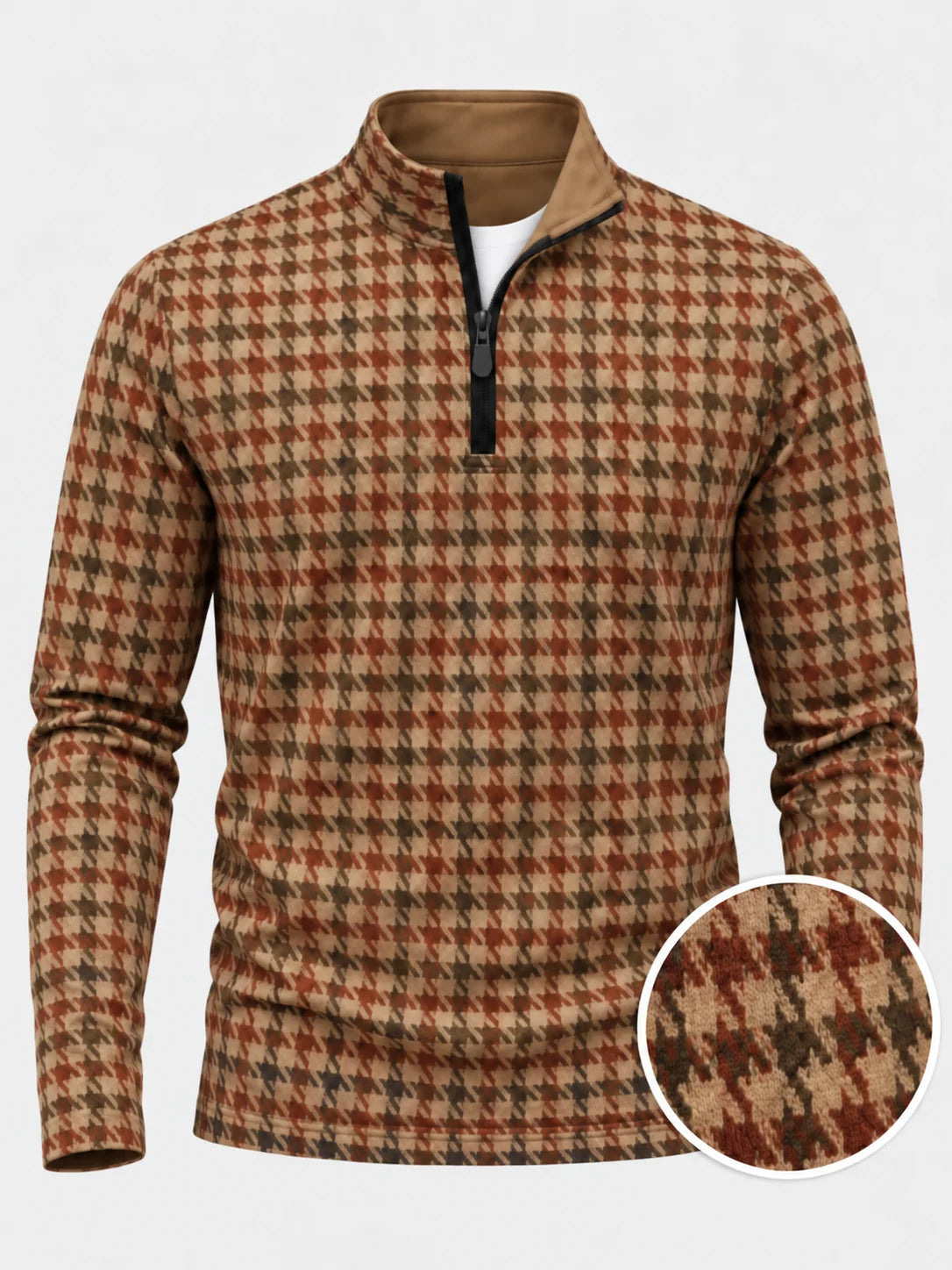 Golf-Pullover mit Hahnentrittmuster in Beige, Rostbraun und Olivgrün und Viertelreißverschluss aus Funktionsmaterial