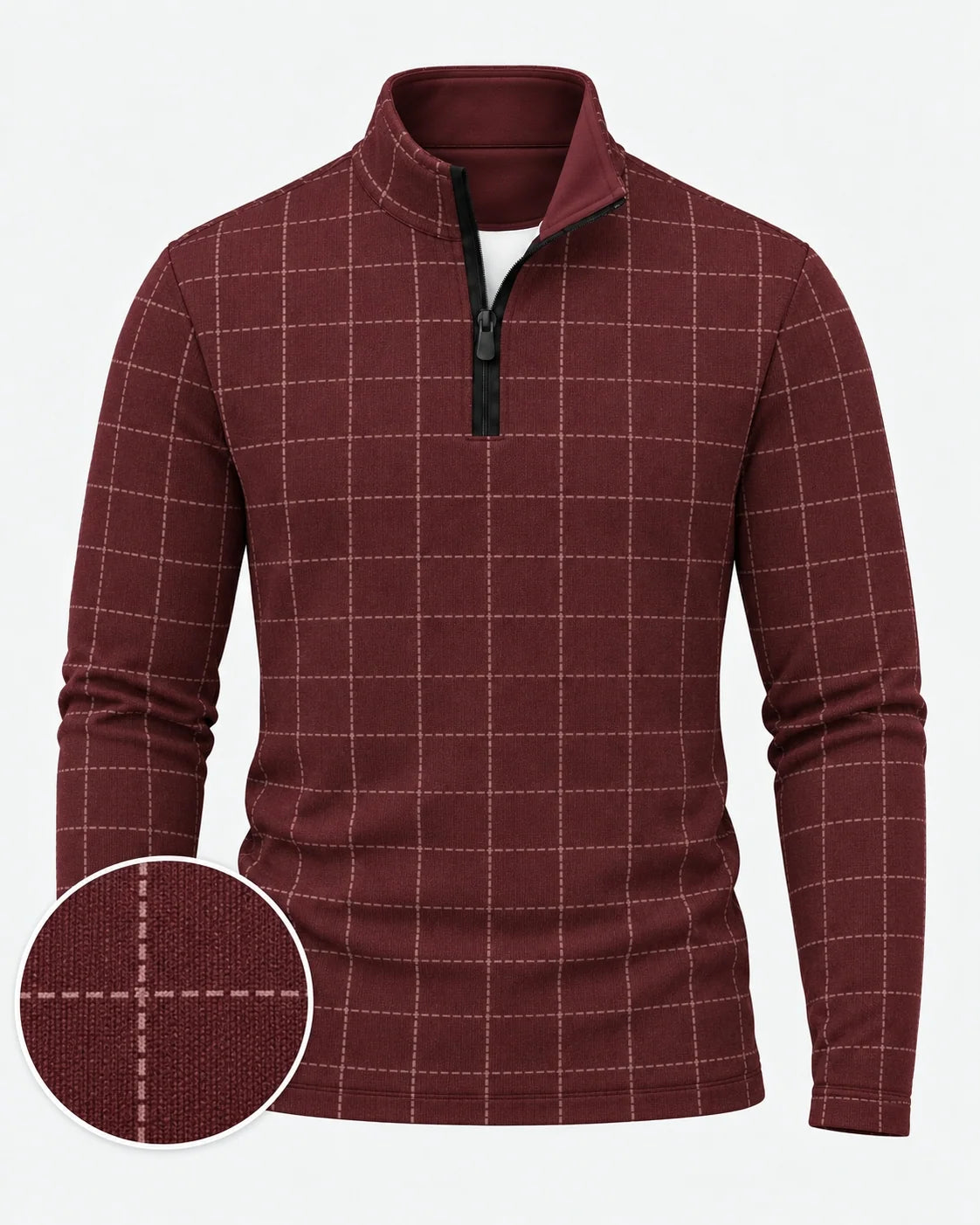 Golf-Pullover aus Funktionsmaterial in Burgunderrot mit gesticktem Fensterkaromuster und Viertelreißverschluss