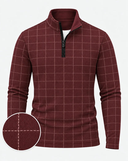 Golf-Pullover aus Funktionsmaterial in Burgunderrot mit gesticktem Fensterkaromuster und Viertelreißverschluss