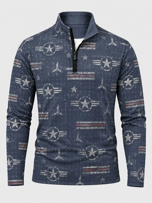 Marineblauer Golfpullover mit Luftfahrtmotiv und Viertelreißverschluss