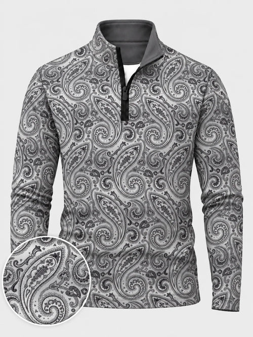 Grauer Performance-Pullover mit Viertelreißverschluss und Paisley-Muster