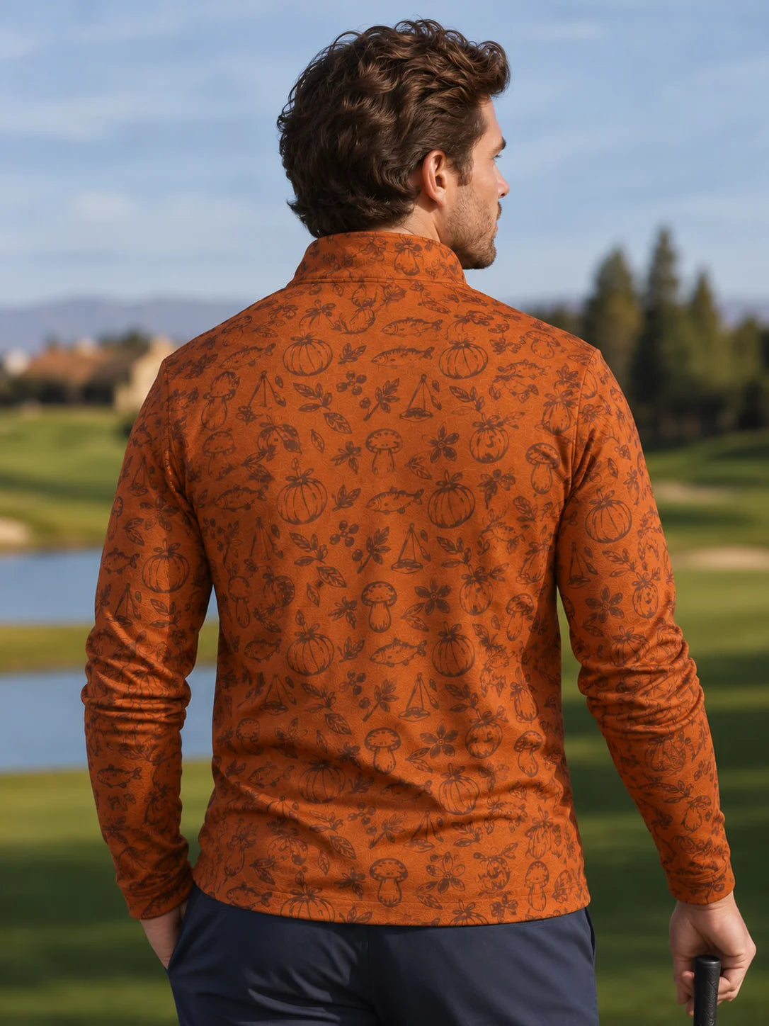 Rostoranger Golfpullover mit Herbstprint, Funktionsmaterial und Viertelreißverschluss