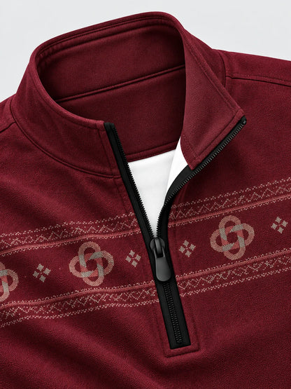 Burgunderroter Performance-Pullover mit keltischem Knotenmuster und Viertelreißverschluss