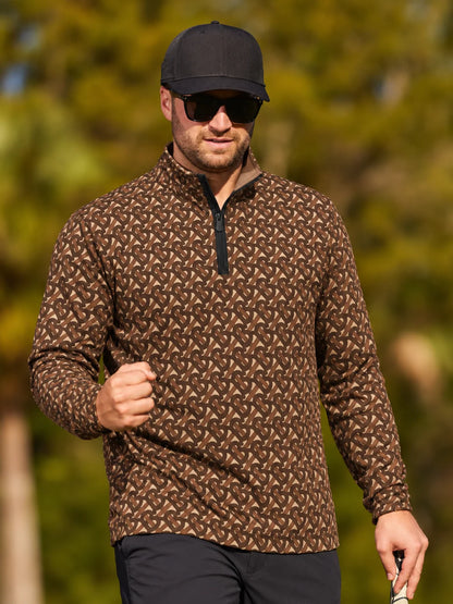 Performance-Pullover mit Viertelreißverschluss und Monogramm-Muster in Braun