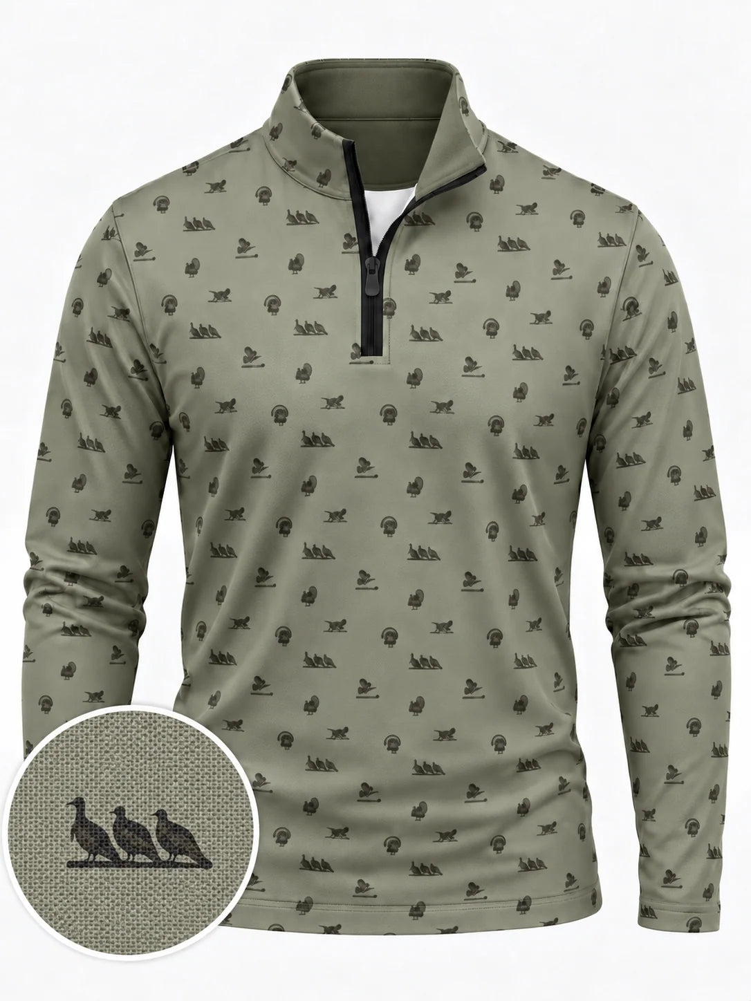 Performance-Golfpullover in Salbeigrün mit Truthahnmuster und Viertelreißverschluss