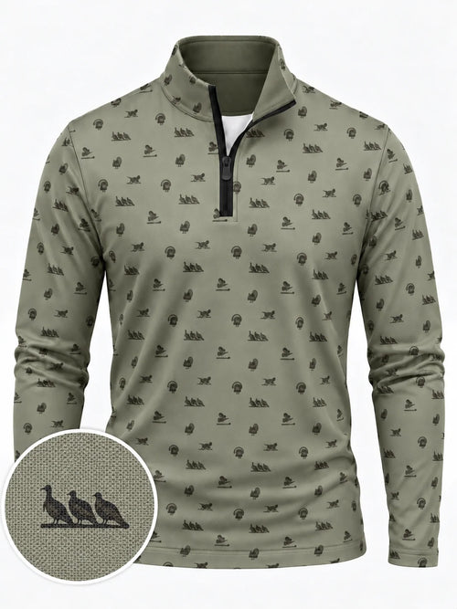 Performance-Golfpullover in Salbeigrün mit Truthahnmuster und Viertelreißverschluss