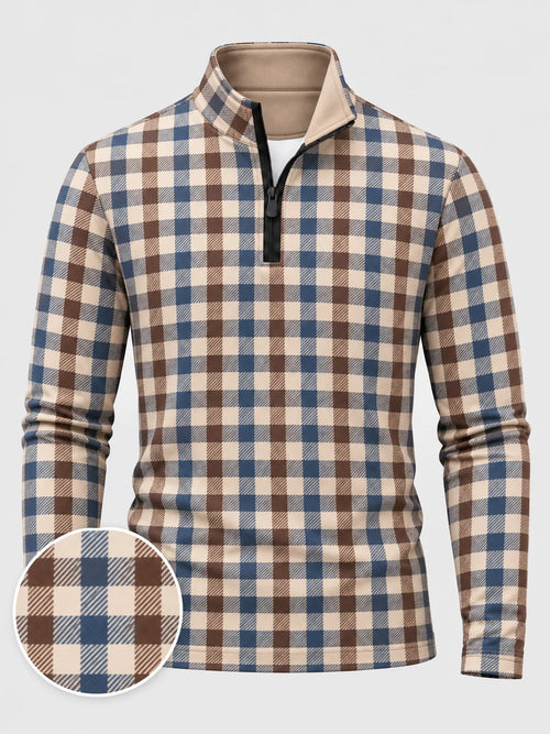 Golf-Pullover in Creme mit mehrfarbigem Karomuster und kurzem Reißverschluss