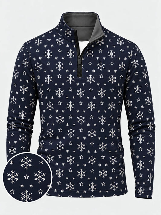 Golfpullover in Marineblau mit weihnachtlichem Schneeflockenmuster und Viertelreißverschluss
