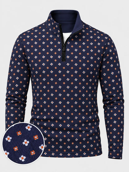 Marineblauer Performance-Pullover mit Viertelreißverschluss und feinem Blumenmuster