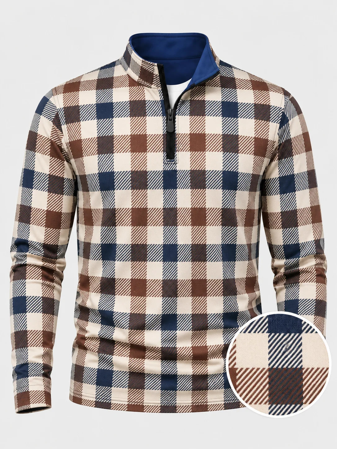 Navyblauer Performance-Quarter-Zip-Pullover mit klassischem Heritage-Karomuster