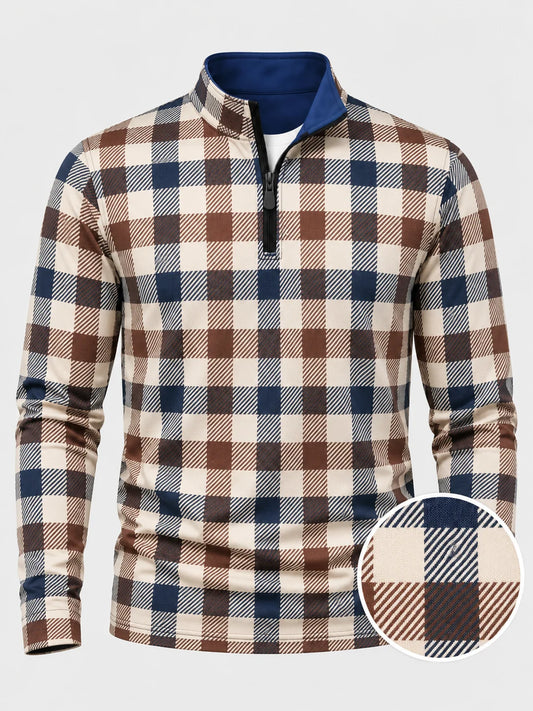 Navyblauer Performance-Quarter-Zip-Pullover mit klassischem Heritage-Karomuster