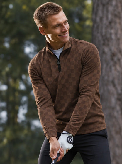 Vintage-Golfpullover in Schokoladenbraun mit Karomuster und Viertelreißverschluss