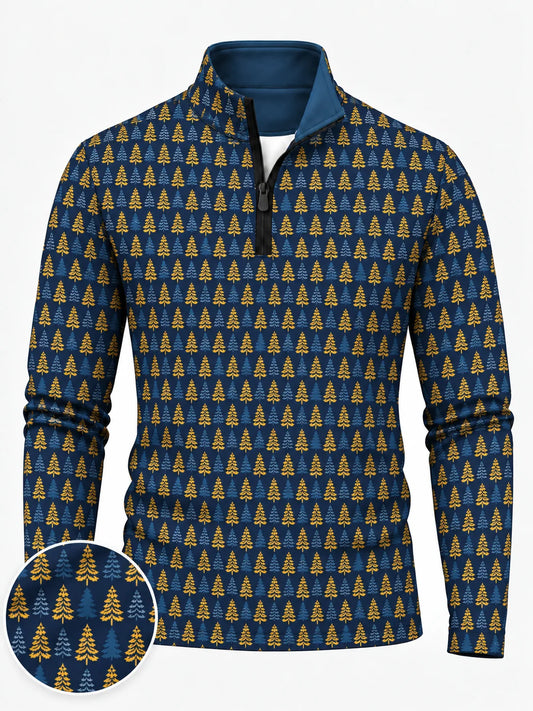 Golfpullover in Marineblau mit weihnachtlichem Tannenbaummuster und Viertelreißverschluss