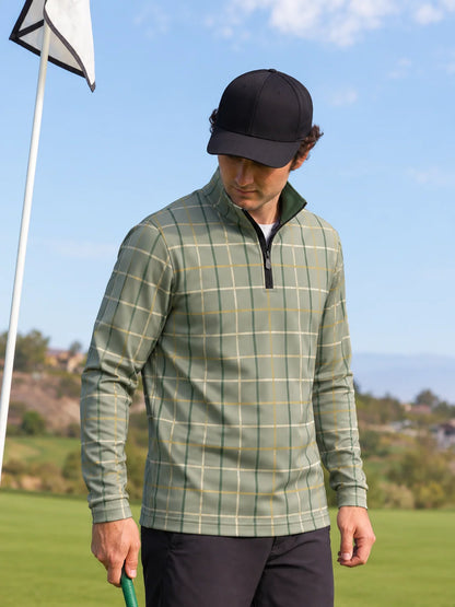 Golf-Pullover in Salbeigrün mit großem Karomuster und kurzem Reißverschluss