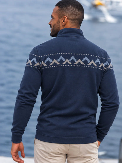 Marineblauer Funktionspullover mit Fair-Isle-Muster und Viertelreißverschluss