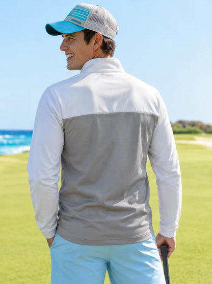 Grauer Golf-Pullover mit Farbblockdesign und kurzem Reißverschluss