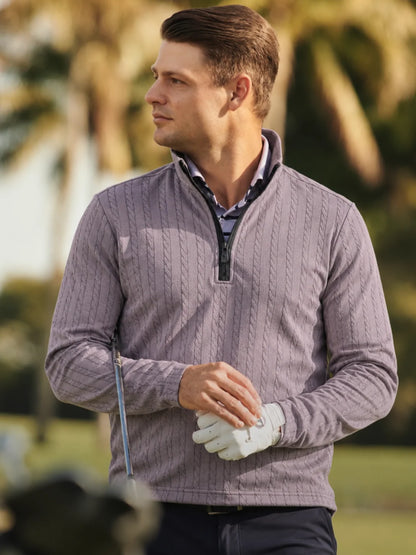 Golfpullover mit Zopfmuster in Altflieder, Funktionsmaterial und Viertelreißverschluss