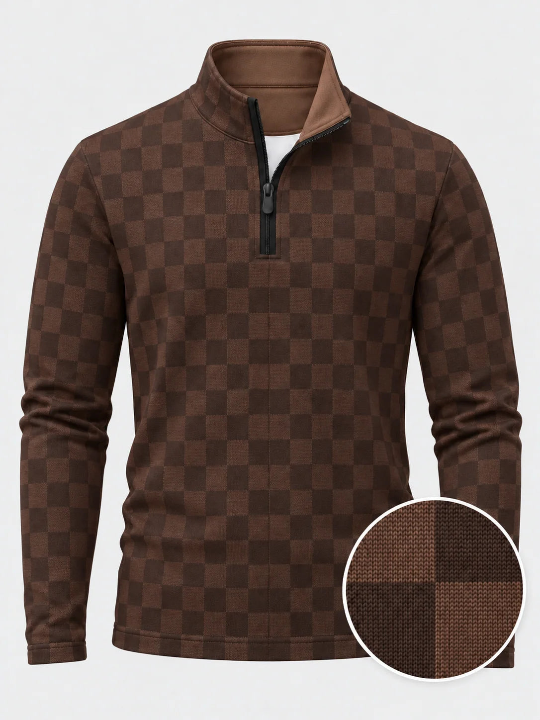 Vintage-Golfpullover in Schokoladenbraun mit Karomuster und Viertelreißverschluss