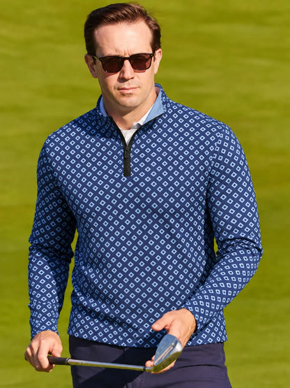 Navyblauer Performance-Pullover mit Rautenmuster und kurzem Reißverschluss