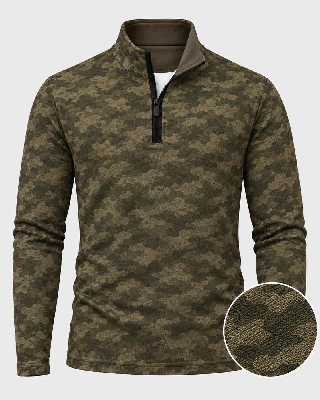 Olivgrüner Golfpullover mit Camouflage-Muster, Funktionsmaterial und Viertelreißverschluss