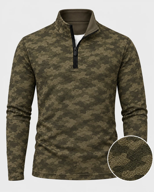 Olivgrüner Golfpullover mit Camouflage-Muster, Funktionsmaterial und Viertelreißverschluss