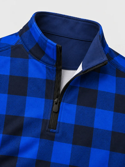 ClubBorne Golf-Pullover mit blauem Büffelkaro und Viertelreißverschluss aus Funktionsmaterial