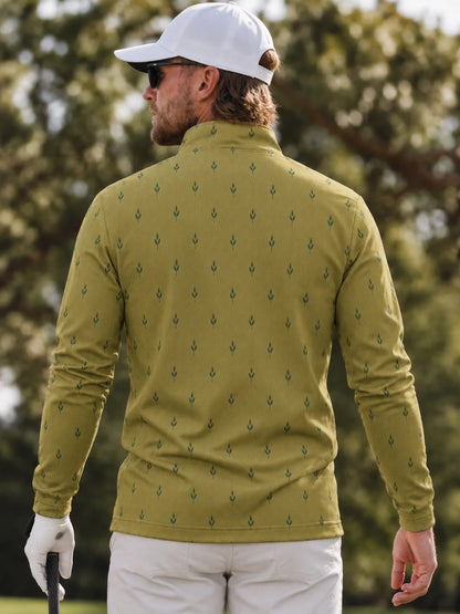 Performance-Golfpullover in Olivgrün mit goldenem Blätterrankenmuster und Viertelreißverschluss