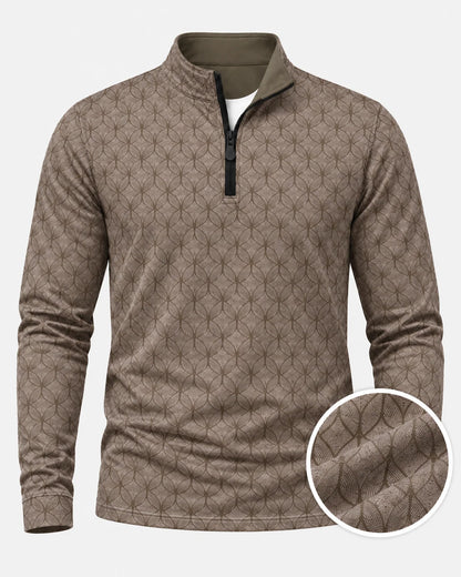 Performance-Golfpullover in Taupebraun mit geometrischem Muster und Viertelreißverschluss