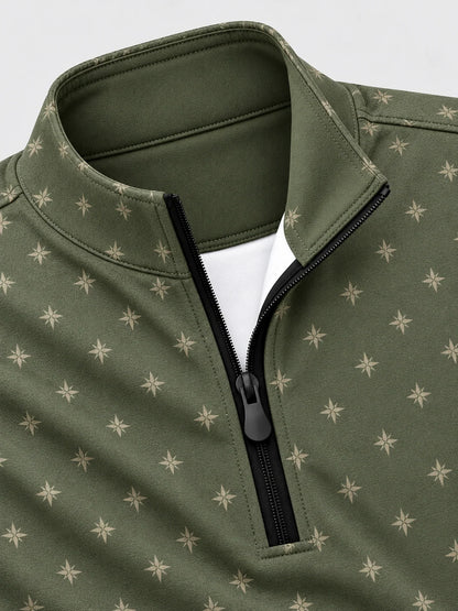 Golfpullover mit Sternenmuster in Olivgrün, Funktionsmaterial und Viertelreißverschluss