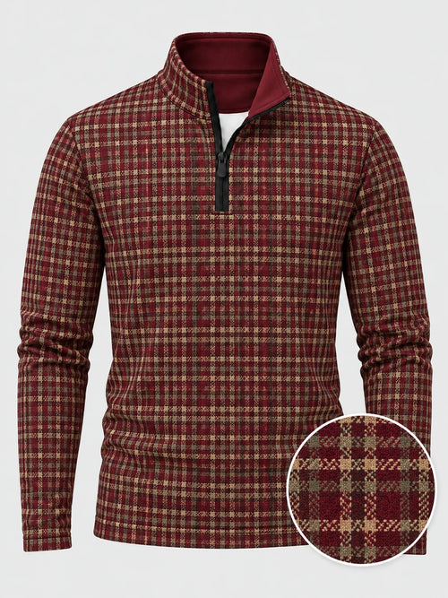 Burgunderroter Golf-Pullover mit Viertelreißverschluss und goldfarbenem Karomuster