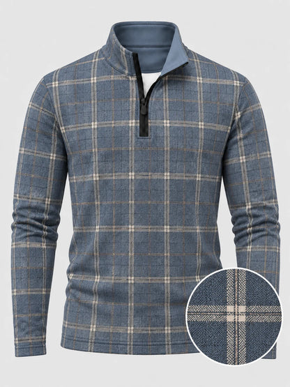 Golf-Pullover mit Viertelreißverschluss und Karomuster in Schieferblau