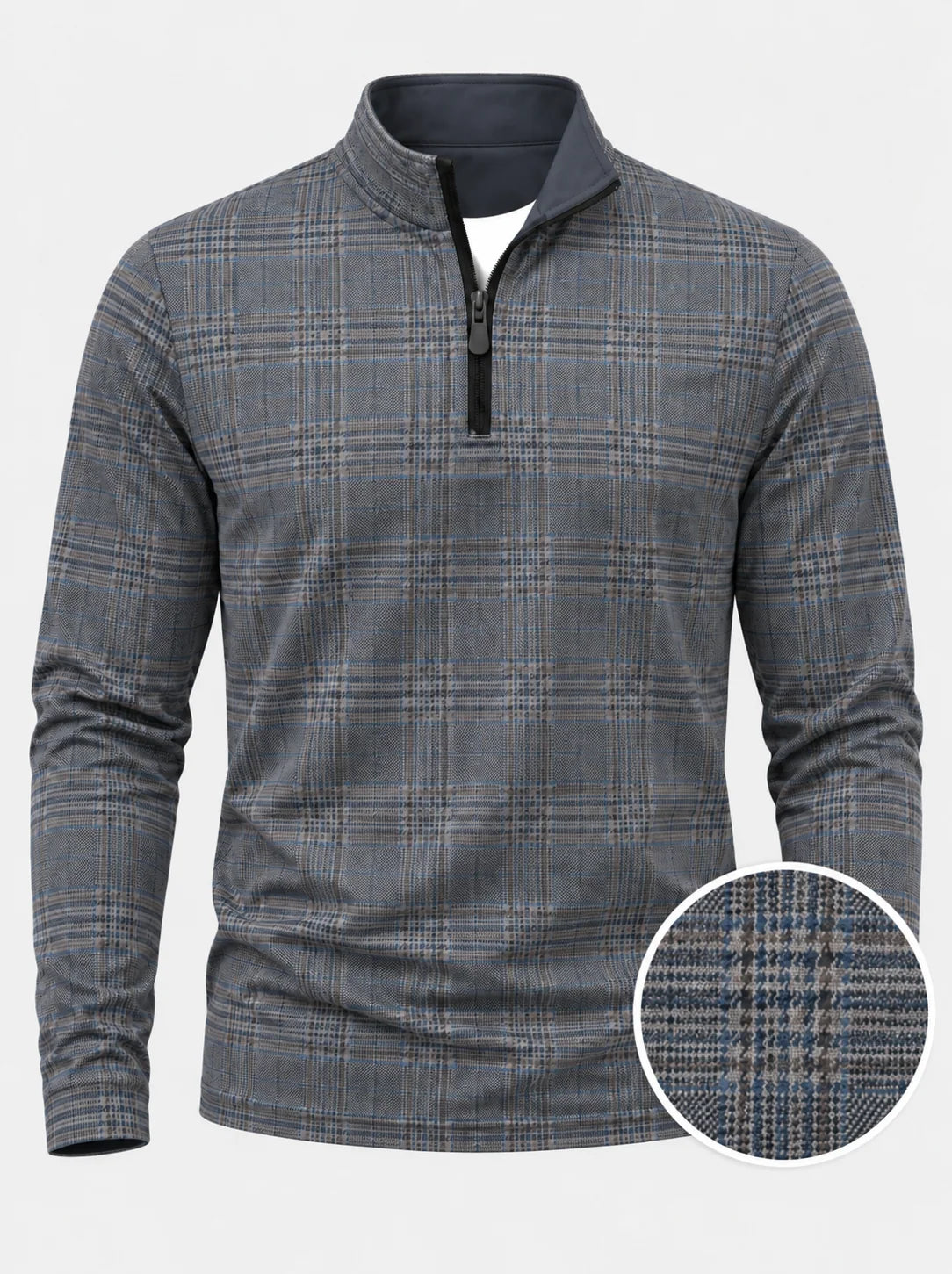 Blau-grauer Golfpullover aus Funktionsmaterial mit Karomuster und kurzem Reißverschluss