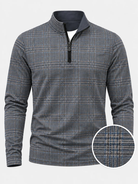 Blau-grauer Golfpullover aus Funktionsmaterial mit Karomuster und kurzem Reißverschluss