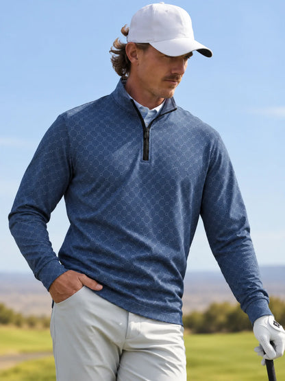 Staubblauer Golf-Pullover aus Funktionsmaterial mit Rautengittermuster und Viertelreißverschluss