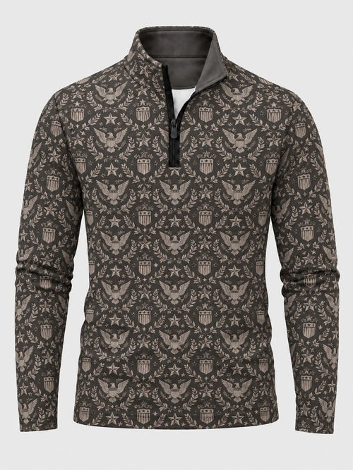 Anthrazitgrauer Golf-Pullover mit Adlerwappen- und Lorbeerkranzmuster und Viertelreißverschluss