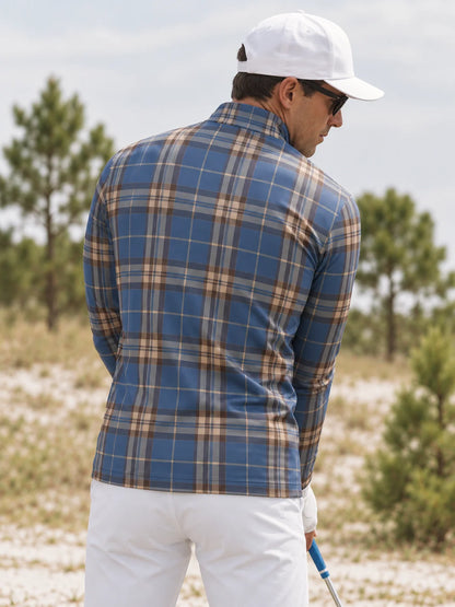 Golf-Pullover in Stahlgrau mit Tartan-Karomuster und kurzem Reißverschluss
