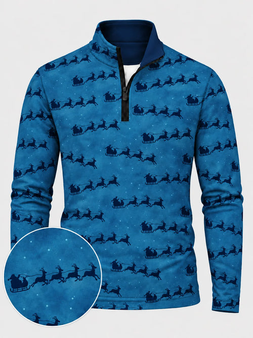Golfpullover in Blau mit weihnachtlichem Schlittenmotiv und Viertelreißverschluss