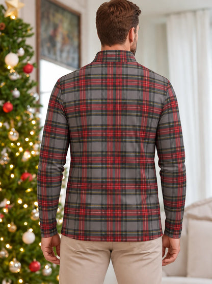 Golfpullover mit rot-grauem Weihnachtstartan und Viertelreißverschluss