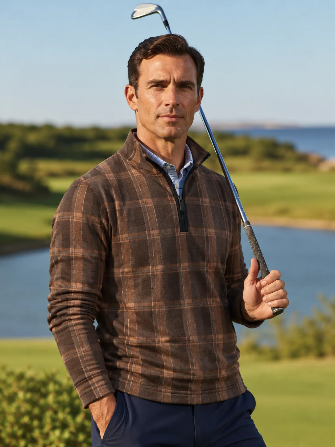 Golf-Pullover aus Funktionsmaterial in Mokkabraun mit mehrlagigem Karomuster und Viertelreißverschluss